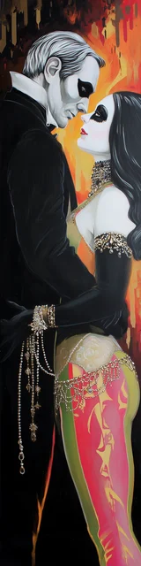 Free dark romance bookmark featuring a vampire couple in circus-style clothing